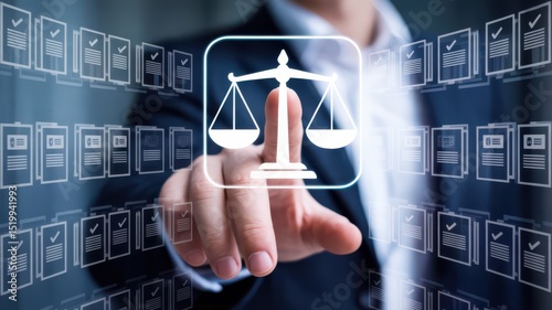 Digital justice icon selection in a futuristic legal interface. Modern legal frameworks, digital rights, and governance technologies in a secure and structured system.