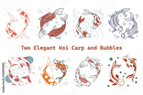 Two Elegant Koi Carp and Bubbles