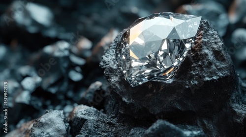 Pristine diamond nestled in dark rock; discovery concept