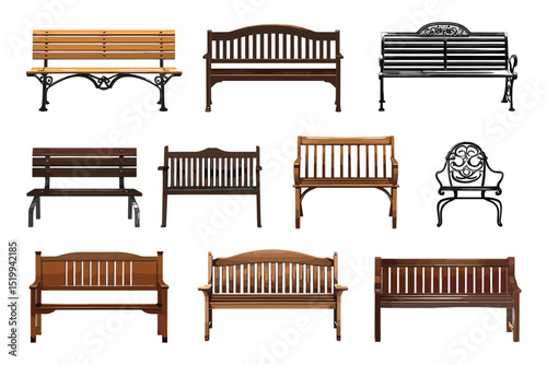 Cartoon bench. Wooden park benches, comfortable public garden seats and outdoor furniture vector illustration set. Wooden exterior elements for relaxation in city isolated on white.