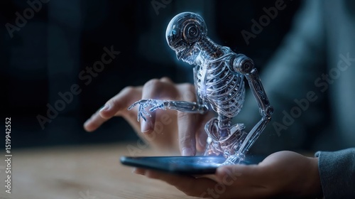 Robotic hologram emerging from smartphone screen held in human hands, emphasizing the connection between advanced artificial intelligence and human technology.