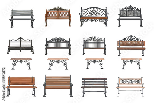 Cartoon bench. Wooden park benches, comfortable public garden seats and outdoor furniture vector illustration set. Wooden exterior elements for relaxation in city isolated on white.