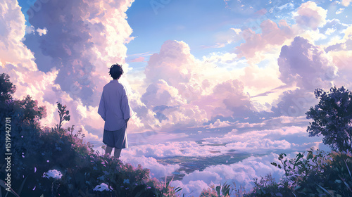 Young man contemplating over beautiful cloudscape above a grassy hillside at sunset