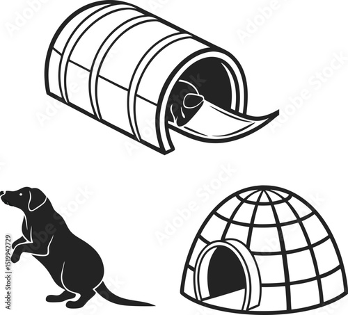 Black and White Vector Icons of Igloo, Beaver, and Log Cabin – Minimalist Nature-Themed Set