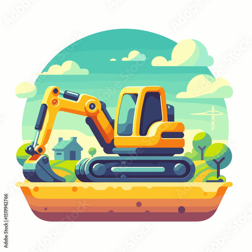 Stylized mini excavator working on farm under bright sky with clouds