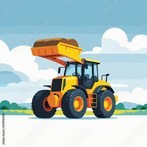 Bright bale loader tractor lifting hay bales under sunny blue sky