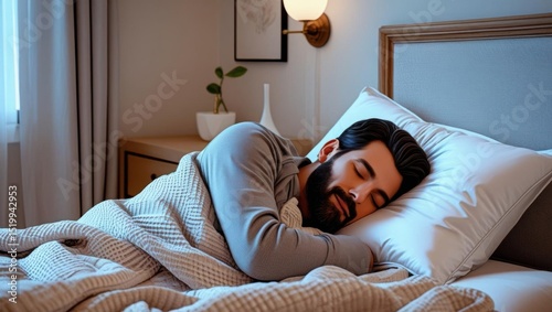 A man with a beard sleeps peacefully in a cozy, softly lit bedroom with modern decor and neutral tones.