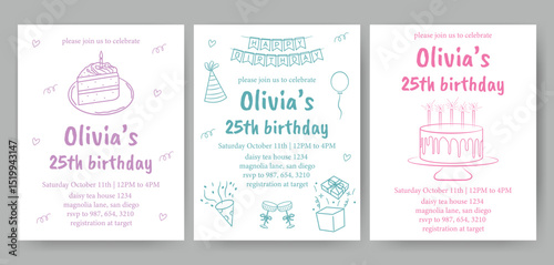 Hand drawn birthday party invitation illustration. 
