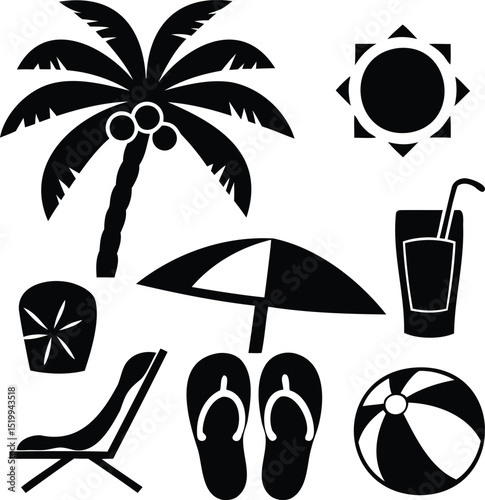 Black and White Beach Vacation Silhouette Illustration