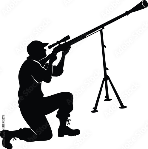 High-Contrast Black and White Silhouette of Astronomer Observing Night Sky Through Telescope