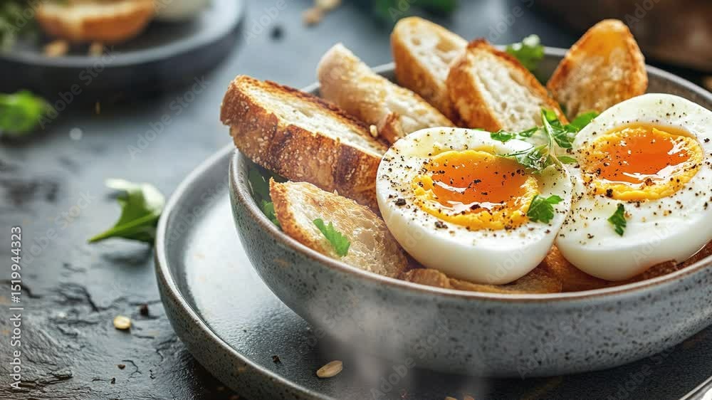 Soft-boiled eggs with soldiers in dish with smoke