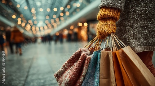 Close-up of woman in casual clothes carrying shopping bags