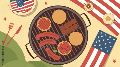 A top down view of a barbecue grill with hotdogs burgers and american flags for a fourth of july picnic