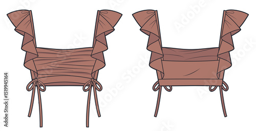 Crop Top with ruffled straps Technical Fashion Illustration. Draped Top fashion flat technical drawing template, front tie, slim fit, front and back view, brown, women CAD mockup.