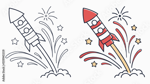 A coloring page showing two rockets one in outline and one colored with stars and fireworks around them