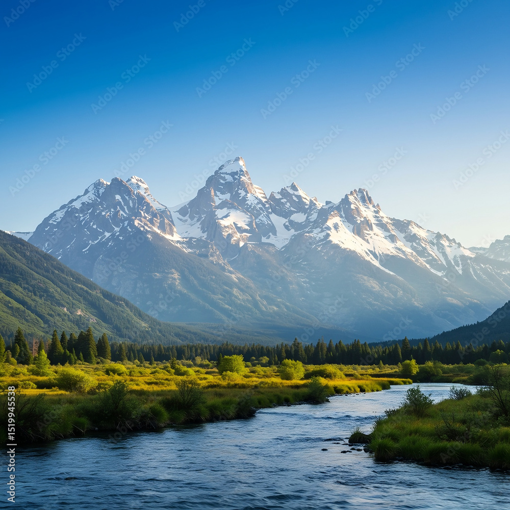 Fototapeta premium Majestic Mountain Range: Snow-Capped Peaks Overlooking Serene Valley