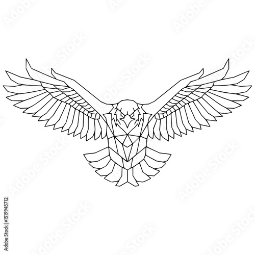 Minimilist geometric eagle with outstretched wings in black outline on a white background in detailed line art style vector
