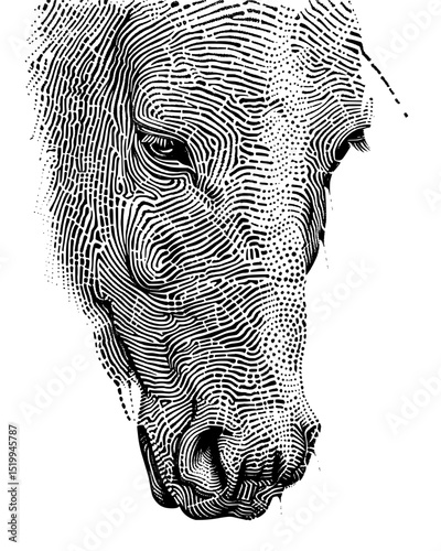 Minimilist close up of a horse head rendered in black and white lines and dots creating a textured appearance art vector