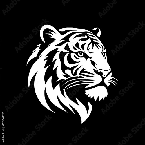 Minimilist illustration of a white tiger head with black background in a minimalist and stylized vector design style vector