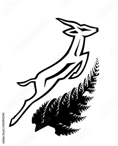 Minimilist a stylized black and white illustration of a leaping gazelle above a fern like plant silhouette design vector