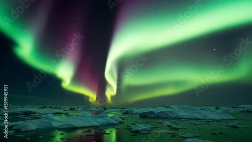 Majestic aurora borealis dances across a frozen landscape under a starlit arctic sky