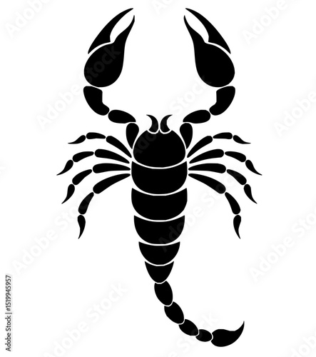 Minimilist a detailed black silhouette of a scorpion with prominent claws and segmented body on a white background vector