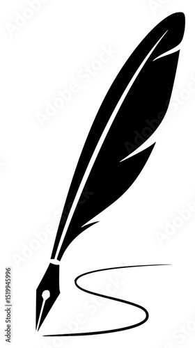 Minimilist an elegant quill pen with a flowing ink line suggesting writing or creative expression in black and white style vector