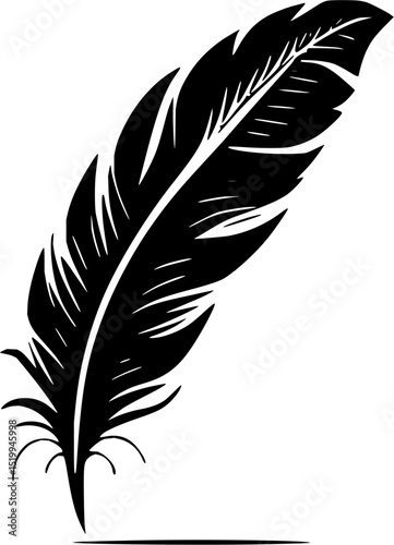 Minimilist illustration of a single black feather with detailed barbs and a quill resting on a flat surface vector