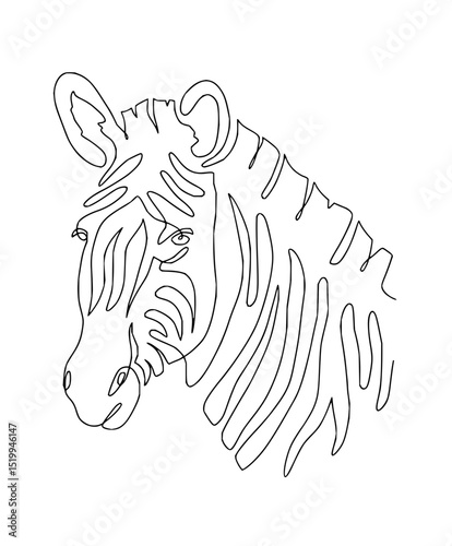 Minimilist a black and white line drawing of a zebra head with stripes and detailed facial features in simple style vector