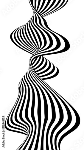 Minimilist abstract black and white striped pattern forming a twisting organic shape against a white background design vector