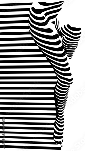 Minimilist black and white striped design featuring a partial figure and horizontal lines creating an optical illusion vector