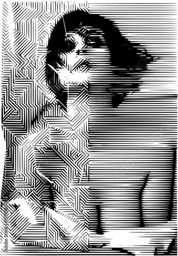 Minimilist abstract portrait of a woman rendered with horizontal lines and geometric patterns in black and white style vector