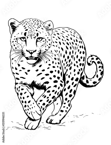 Minimilist illustration of a black and white spotted leopard running forward with a curled tail and detailed face vector