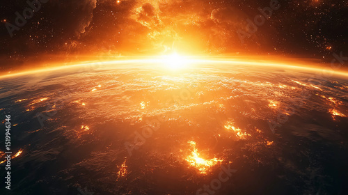 A stunning sunrise or sunset viewed from space, with glowing clouds and the sun illuminating the Earth's horizon.
