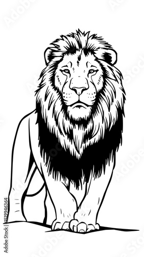 Minimilist illustration of a majestic lion with a thick mane standing tall in a black and white outline drawing vector