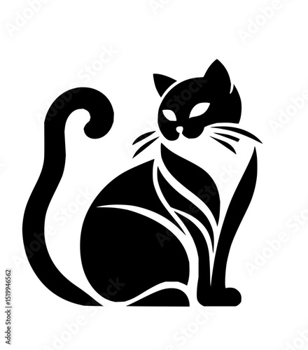Minimilist stylized black cat sitting with curled tail and decorative white markings on a white background image vector
