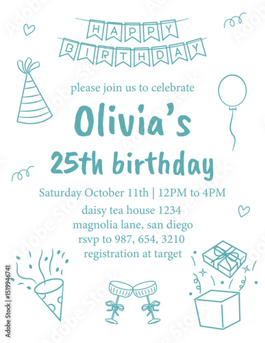 Hand drawn birthday party invitation illustration. 