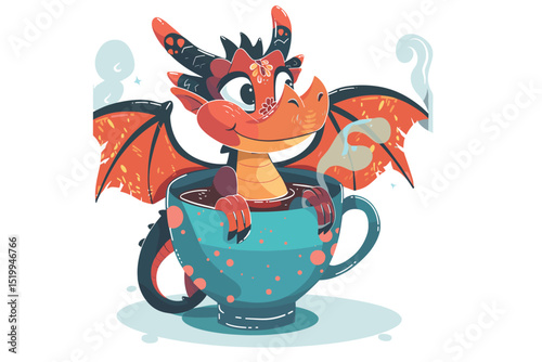 This playful illustration features a happy green dinosaur sitting cheerfully inside a large coffee cup, smiling with delight.