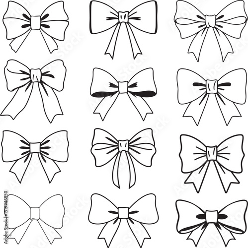Bow set black color outline clip art doodle ribbon line art vector design