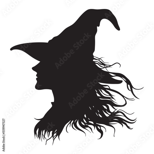 Witch Silhouette Profile with Flying Hair and Hat, Perfect for Halloween Designs black vector