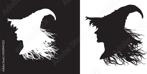 Witch Silhouette Profile with Flying Hair and Hat, Perfect for Halloween Designs black vector