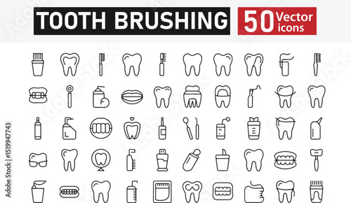 Collection of 50 line icons related to tooth brushing, dentifrice, toothbrush, dental care, toothpaste, mouthwash, teeth protect, Editable stroke. Vector illustration