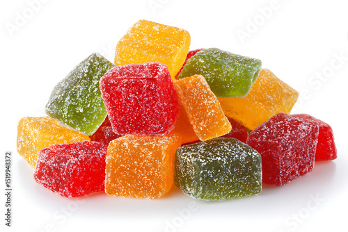 Colorful assortment of delicious jelly candy cubes with a sugar coating on a white background