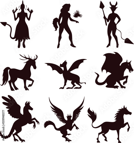 Mythological creatures silhouettes collection dark fantasy art