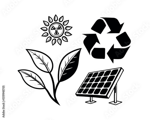 Renewable Energy Sources Icons Solar Panel, Recycling, Leaves, and Nuclear