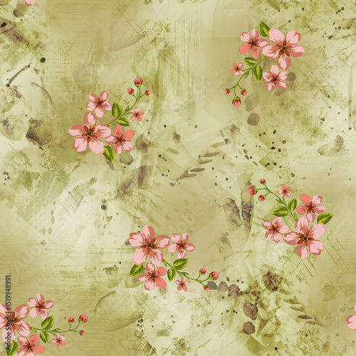 Fototapeta Naklejka Na Ścianę i Meble -  Floral Fantasy All-Over Pattern, Vintage Watercolor Flower Pattern, Tropical Bloom Seamless Design