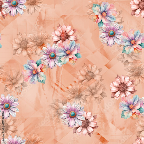 Fototapeta Naklejka Na Ścianę i Meble -  Floral Fantasy All-Over Pattern, Vintage Watercolor Flower Pattern, Tropical Bloom Seamless Design
