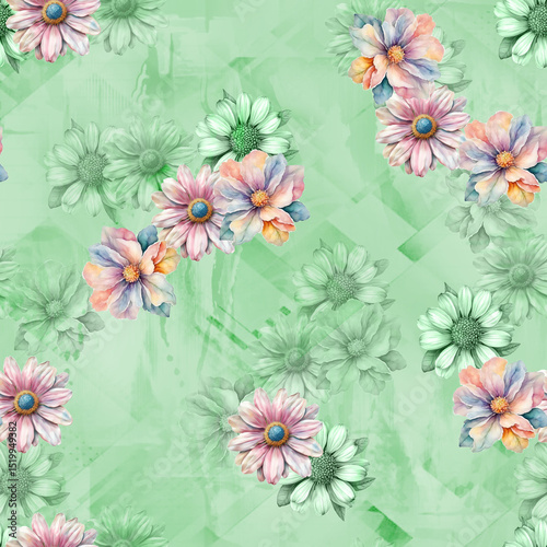 Fototapeta Naklejka Na Ścianę i Meble -  Floral Fantasy All-Over Pattern, Vintage Watercolor Flower Pattern, Tropical Bloom Seamless Design