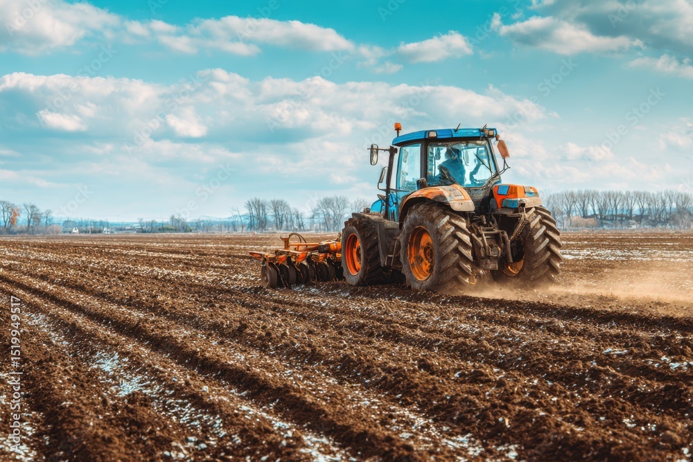 Fototapeta premium Agricultural Tractor Tilling Soil In Spring Season Field