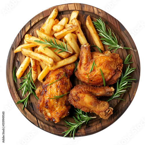 fried chicken wings with french fries with tomato sauce in a top view wood plate on transparent background